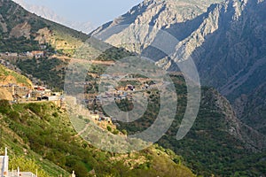 Howraman Valley with typical Kurdish village in Zagros Mountain. Kurdistan Province, Iran.