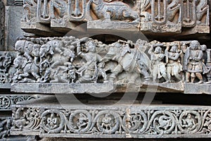 Hoysaleswara Temple wall carving depicting Mahabharata - Bheema killing elephants