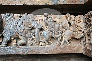 Hoysaleswara Temple wall carving of lord Indra king of heaven marching on his elephant