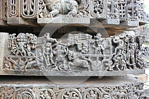 Hoysaleswara Temple wall carving of Ramayana battle scene - Rama fighting with Ravana