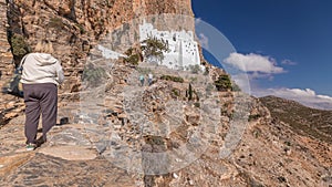 The Hozoviotissa Monastery standing on a rock over the Aegean sea in Amorgos island timelapse hyperlapse, Greece.