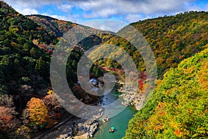 Hozu River in autumn view from Arashiyama view point, Kyoto,