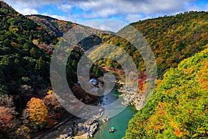 Hozu River in autumn view from Arashiyama view point, Kyoto, photo