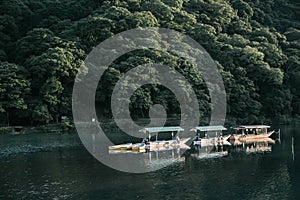 Hozu river with moutain and boat landscape Arashiyama Japan
