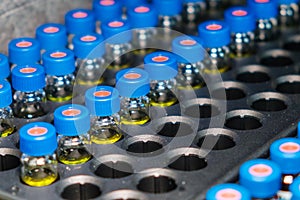 HPLC glass vials in the rack. Research and development of pharmaceuticals and vaccines. High performance liquid chromatography at