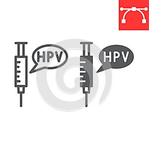 HPV vaccine line and glyph icon, vaccination and injection, syringe with speech bubble vector icon, vector graphics