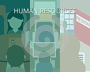 HR or Human Resources Management and recruitment concept design with people using computers.