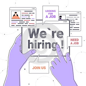 hr manager hand holding we are hiring join us web browser window vacancy open need a job recruitment concept