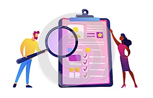 HR manager looking through a magnifying glass on job candidate CV vector illustration.