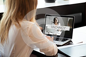 HR manager opens available company vacancy, job offer online, cl