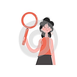 The HR manager stands waist-deep and holds a magnifying glass in his hands. Isolated. Element for presentations, sites.