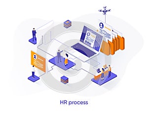 HR process isometric web banner. Human resource management isometry concept. Staff headhunting 3d scene, study CV of candidates in