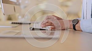 HR woman writing an email on a computer. Closeup of an administrator skilled in typing, sending important message to