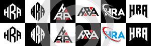 HRA letter logo design in six style. HRA polygon, circle, triangle, hexagon, flat and simple style with black and white color