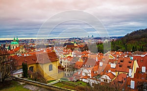 Hradcany Castle district Prague city panorama at twilight Czech Republic
