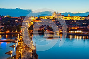 Hradcany evening panorama with Prague Castle, Charles Bridge and Vltava River, Prague, Czech Republic