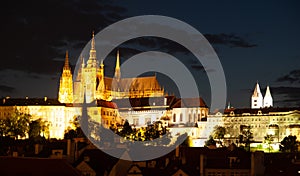 Hradcany with Prague Castle and St Vitus Cathedral by night. Prague, Czech Republic