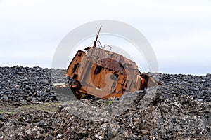 Hrafn Sveinbjarnarson III Ship Wreck, remains at a breakwater in a lava field in Grindavik, since 1988. Shipwreck in Iceland