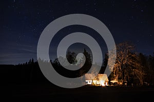 Hranicky - Czech Republic, Orlicke hory. The old cottage at night with stars.