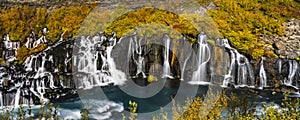 Hraunfossar waterfall in Iceland. Autumn colorful landscape