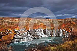 Hraunfossar waterfalls in autumn colors