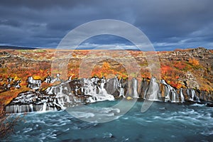 Hraunfossar waterfalls in autumn colors