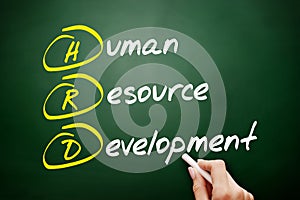 HRD - Human Resource Development acronym, business concept on blackboard