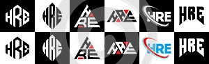 HRE letter logo design in six style. HRE polygon, circle, triangle, hexagon, flat and simple style with black and white color