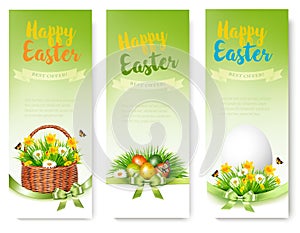Hree Easter Sale banners. Colorful eggs and spring flowers