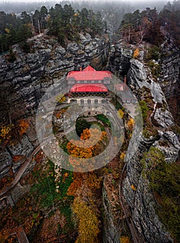 Hrensko, Czech Republic - Aerial panoramic view of the famous Pravcicka Brana in Bohemian Switzerland National Park