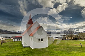 Hrisey Church. Village of Hrisey island in Iceland