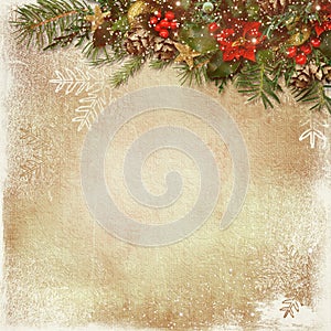 Ð¡hristmas background. Vintage card with firtree and Christmas decorations. Season`s greetings