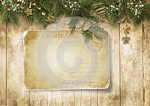 Ð¡hristmas background. Vintage postcard with firtree and Christmas decorations. Season`s greetings