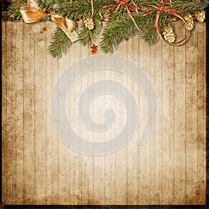 ÃÂ¡hristmas background. Vintage postcard with firtree and Christmas decorations photo