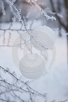 Ð¡hristmas balls on white snowy background