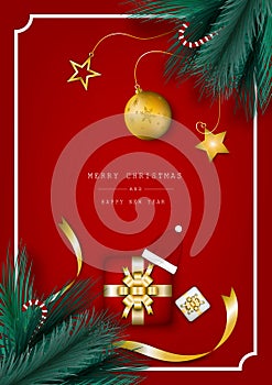 Hristmas banner. Background Xmas design  with realistic gifts box and Christmas ball, candy, red hat, red  Horizontal Christmas po