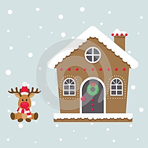 Hristmas cute house with cartoon christmas deer