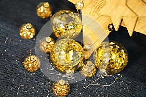 Ð¡hristmas decoration, transparent baubles with gold glitters
