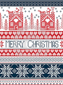 Hristmas, festive winter seamless pattern in cross stitch with gingerbread house, Christmas tree, heart, reindeer in blue, red