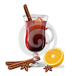 Ð¡hristmas hot mulled wine with orange,cinnamon and anise. Vector illustration.