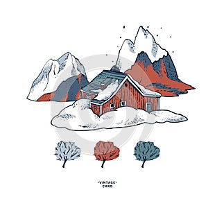 Ð¡hristmas illustration, winter red houses covered with snow in scandinavian style