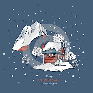 Ð¡hristmas illustration, winter red houses covered with snow in scandinavian style
