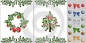 Ð¡hristmas set with two holidays card.  Christmas tree and wreath with New Years decorations isolated on white background