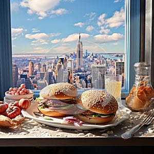 Hristmas turkey hamburger serving beautiful 3. . Luxury tourist resort breakfast in hotel room.