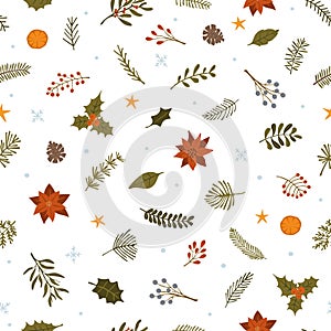 Hristmas winter foliage plants, poinsettia flowers leaves branches, red berries and snowflakes seamless pattern swatch