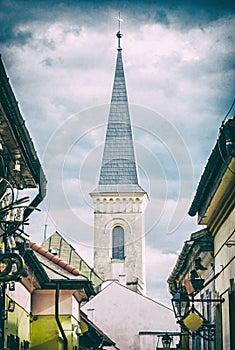 Hrnciarska street with Calvinist church in Kosice, analog filter