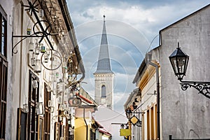 Hrnciarska street with Calvinist church in Kosice, Slovakia