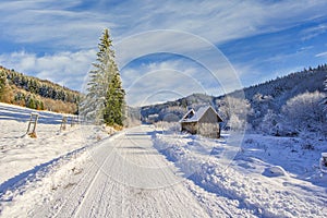 Hrochotska dolina valley near Kyslinky settlement during winter