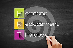 HRT - Hormone Replacement Therapy acronym, medical concept background on blackboard