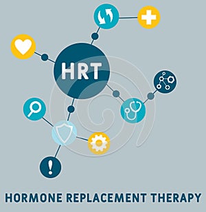 HRT - Hormone Replacement Therapy acronym, medical concept. word lettering typography design illustration with line icons and orna